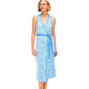 Diane Von Furstenberg Collared Blue and White Patterned Wrap Twig Sweater Dress